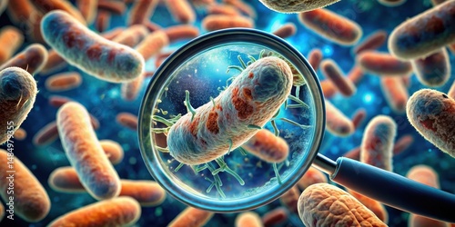 High resolution image of Escherichia coli bacteria under a microscope with magnified details, biohazardous material, foodborne illness