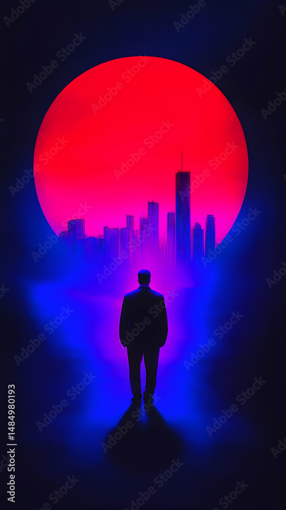 Fototapeta premium A lone figure in a suit stands before a hazy cityscape silhouetted against a large, vibrant red orb, bathed in cool blue light. The scene evokes a feeling of mystery and contemplation