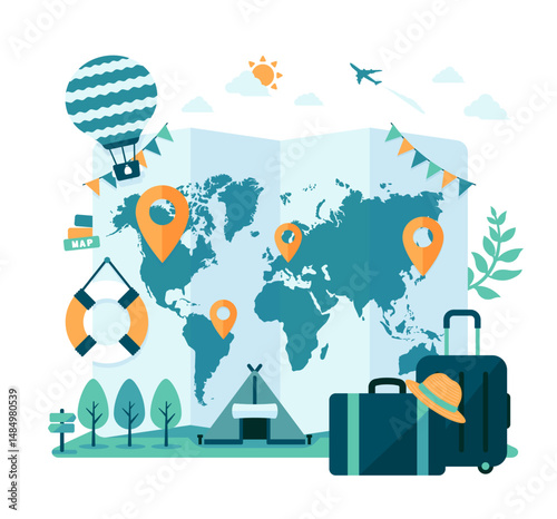 Vector illustration of a large world map and vacation