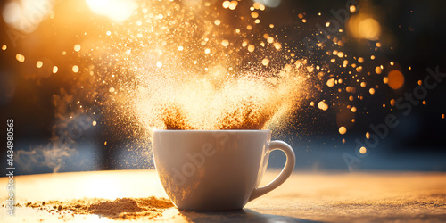 Coffee Explosion with Flying Powder in Cup