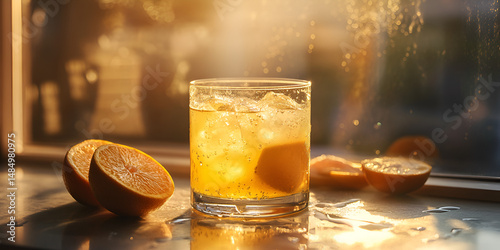 Refreshing Whiskey with Ice Cubes in Glass