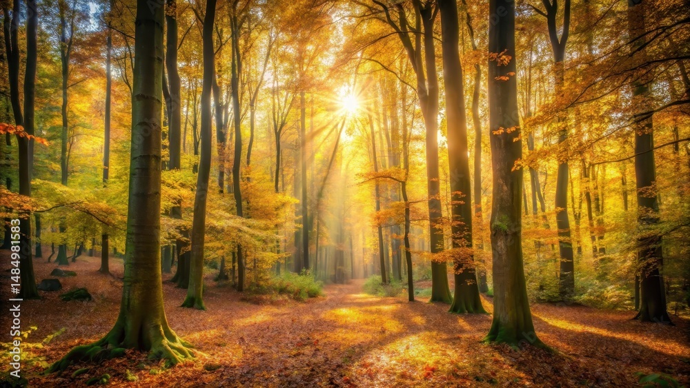 Fototapeta premium A dense forest illuminated by soft golden light filtering through the autumn leaves, peaceful, woodland, peaceful, woodland, trees
