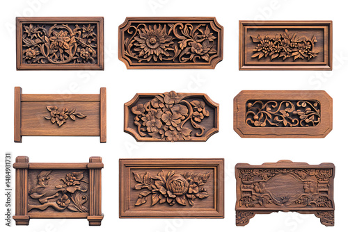 Ornate wooden carvings featuring floral and leaf motifs isolated on transparent or white background. Generative ai