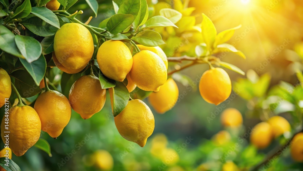 Bright yellow lemons adorn a lush green branch, suspended from a sturdy stem Bright yellow lemons adorn a lush green branch, suspended from a sturdy stem
