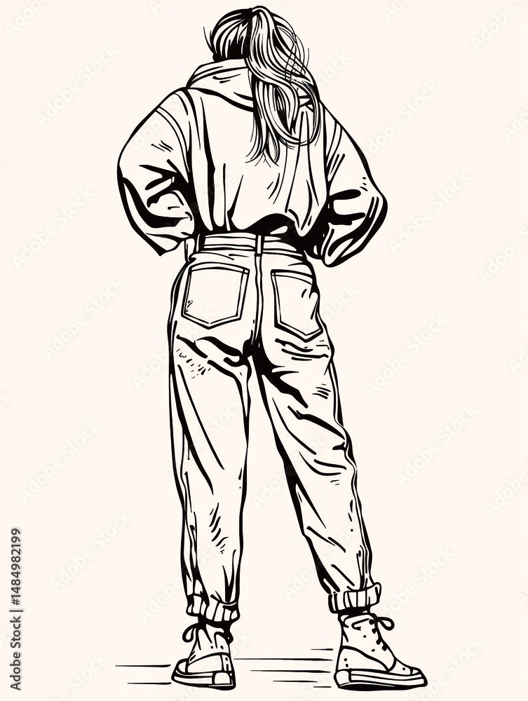 A person stands from behind, wearing a hooded jacket, pants with pockets, and sneakers, with long hair tied back in a ponytail. A person stands from behind, wearing a hooded jacket, pants with pockets, and sneakers, with long hair tied back in a ponytail.