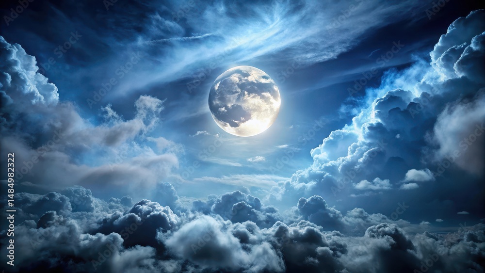Fototapeta premium Darkened sky with dense clouds and a full moon glowing brightly in the night atmosphere