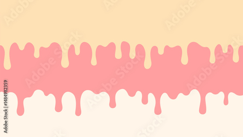 Horizontal background with hand drawn drops of ice cream, white chocolate, glaze, topping, vanilla, strawberry, creme brulee, caramel. 3 stripes dripping drip from cake, dessert, gelato. Vector EPS10