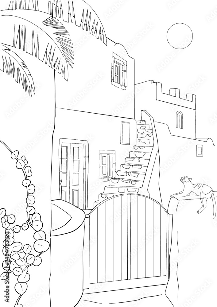 Fototapeta premium Line art illustration of a traditional Greek village with stone steps, a cat, and Mediterranean architecture. Perfect for coloring pages or travel-themed designs.