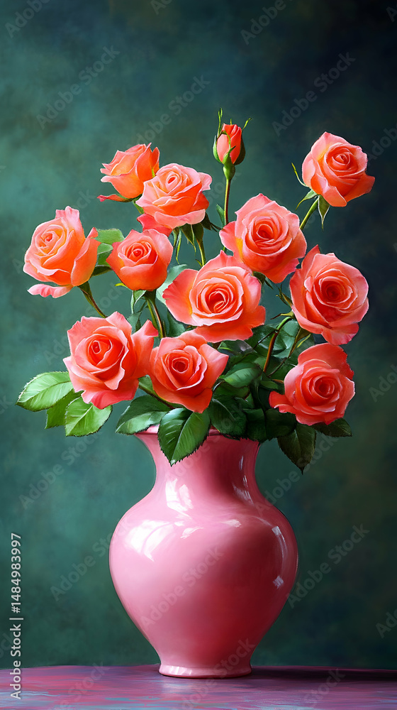 Fototapeta premium A vibrant bouquet of coral roses, their delicate petals unfurling in a soft light, sits elegantly in a pale pink vase against a moody teal backdrop. The arrangement displays various stages