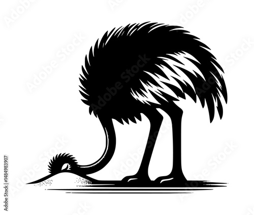 Simple Ostrich Burying Head Black and White Logo