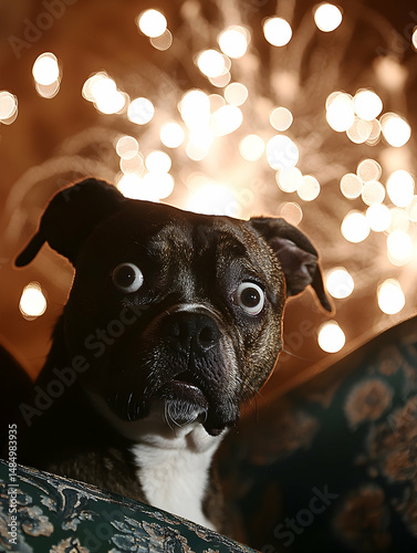 A startled dog stares intensely at a blurry firework display behind it