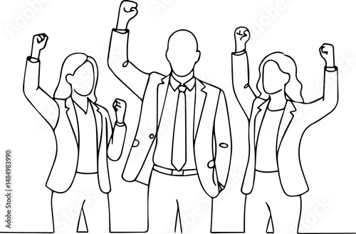 Business team celebrating success with raised hands in silhouette, corporate success gesture 
