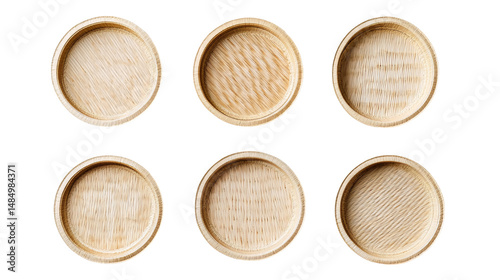 Six circular wooden lids arranged in a grid pattern isolated on transparent or white background. Generative ai