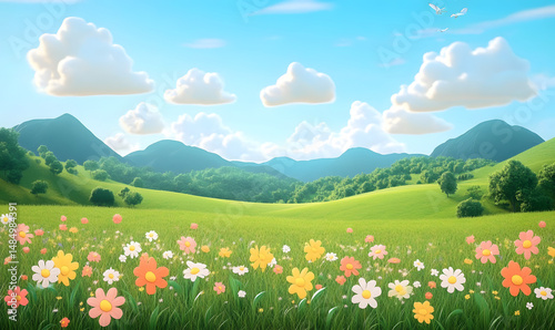 The background of the illustration is dominated by a green landscape with flowers in fields and a blue sky in the distance