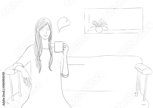 女性 笑顔でソファーに座って飲み物をもってリラックス（手描きグレーと白）