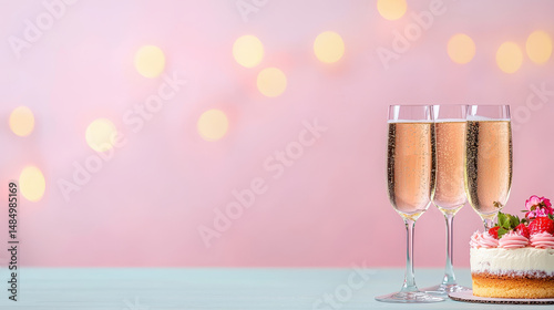 Champagne glasses with sparkling drink and cake, perfect for celebration, creating joyful atmosphere