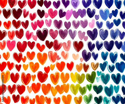 A vibrant pattern of watercolor hearts in a rainbow gradient decorates a white background, creating a joyful and artistic composition symbolizing love, diversity.