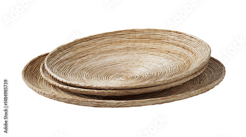 Three nested, shallow, woven baskets isolated on transparent or white background. Generative ai