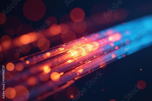 Close-up of fiber optic cables glowing brightly, data center, speed, connectivity
