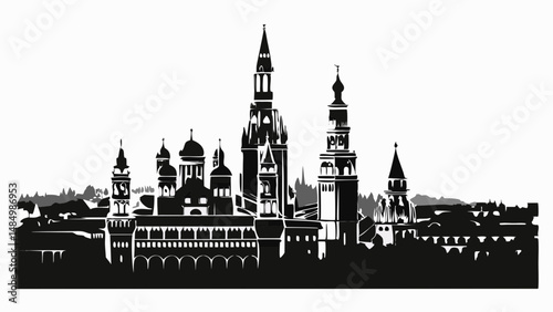 Silhouette of a cityscape with various towers and domes against a white background in black and white style