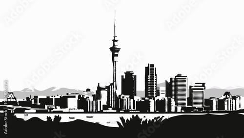Silhouette of auckland city skyline with sky tower and buildings in black and white against a white sky