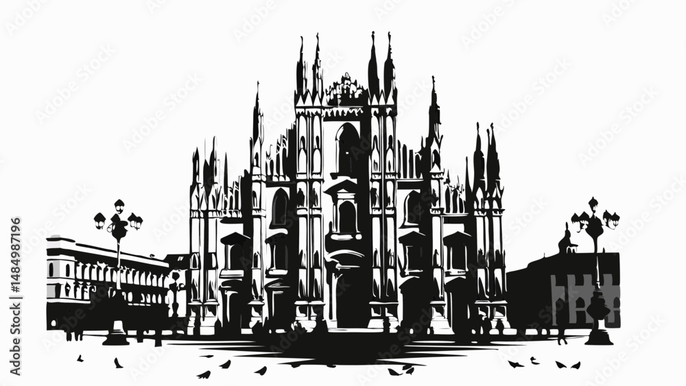 Naklejka premium Detailed silhouette of milan cathedral with surrounding buildings and birds in monochrome style design
