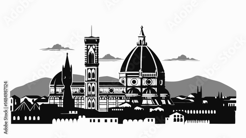 Illustration of florence skyline with the duomo and other buildings in black and white vector art