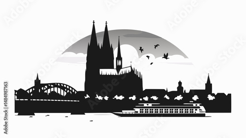Silhouette of cologne cityscape with cathedral, bridge, river boat and birds flying against a cloudy sky view