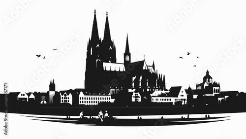 Silhouette of a cityscape featuring a large cathedral with spires and birds flying in the sky above it all
