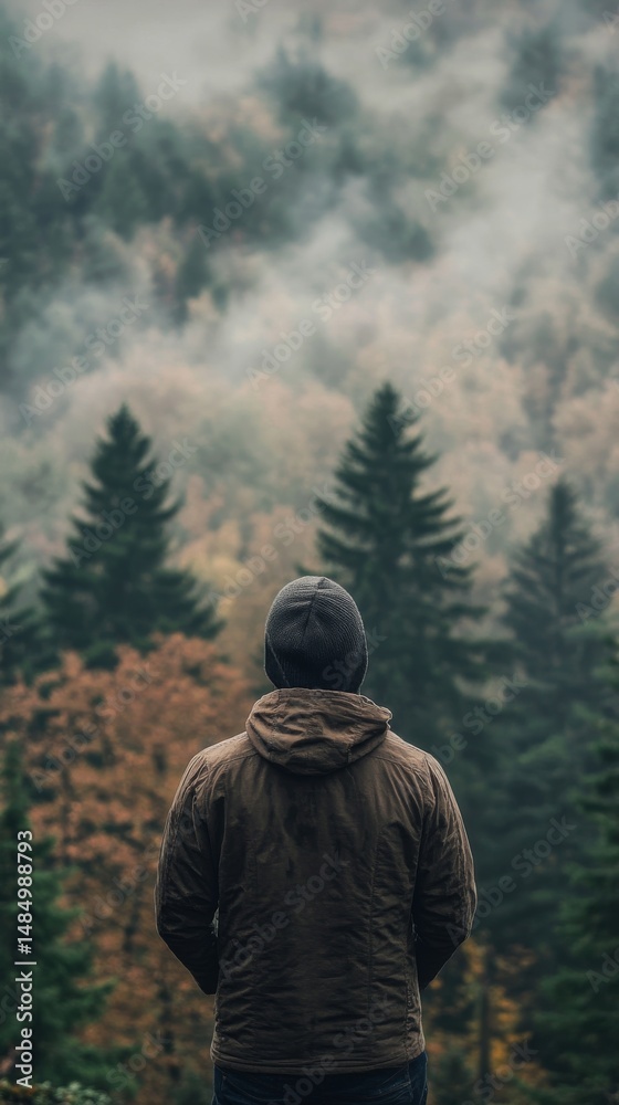 Man standing in a misty forest, feeling peaceful and alone. Man standing in a misty forest, feeling peaceful and alone.