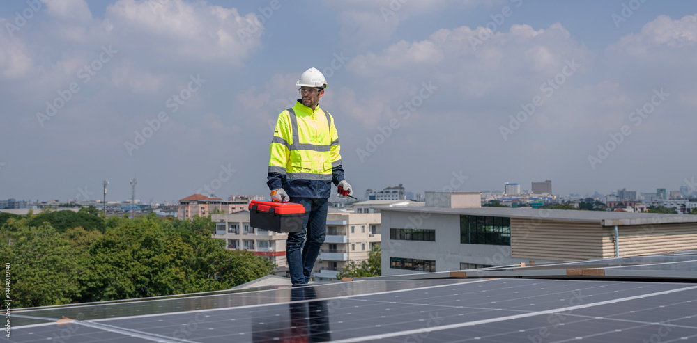 custom made wallpaper toronto digitalEngineer service check installation solar cell on the roof of factory. Silhouette technician inspection and repair solar cell on the roof of factory. Technology solar energy renewable.