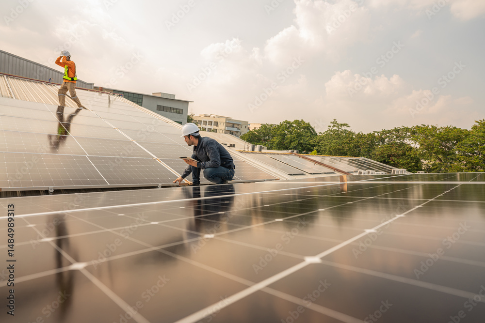 custom made wallpaper toronto digitalEngineer service check installation solar cell on the roof of factory. Silhouette technician inspection and repair solar cell on the roof of factory. Technology solar energy renewable.