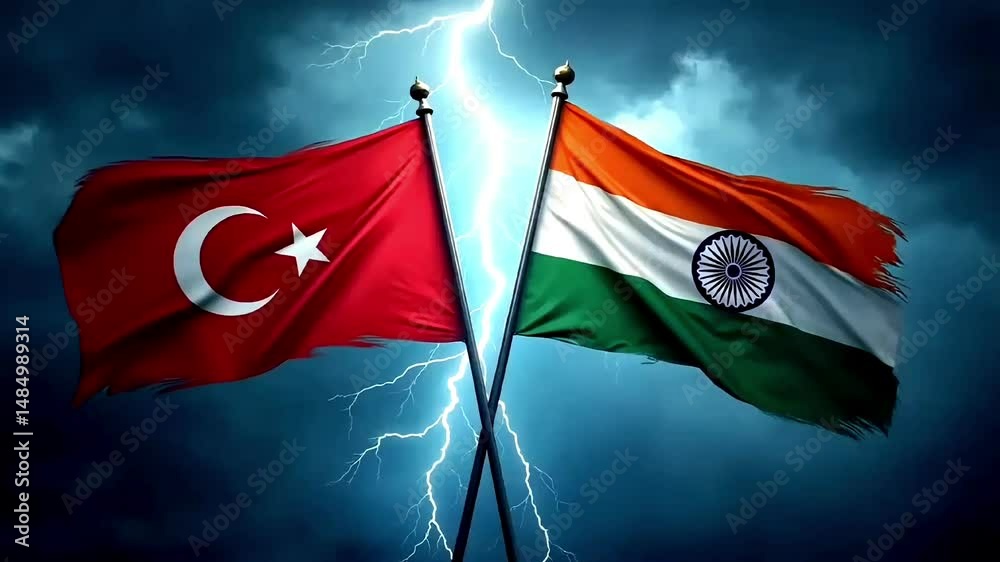 Boycott Turkey War India Flags Under Cloudy Sky, Negotiations Between Turkey VS Indian Lightning Metaphor Deterioration Political Relations, Animation Motion Graphic Video Glowing Movement 