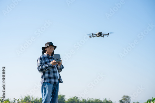 Wallpaper Mural Agronomist Using Technology in Agricultural Corn Field. Drone flying over green corn fields. Torontodigital.ca