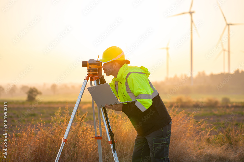 custom made wallpaper toronto digitalEngineer wearing uniform inspection and survey work in wind turbine farms rotation to generate electricity energy. Maintenance engineer working in wind turbine farm at sunset.