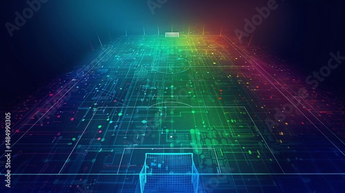 A futuristic soccer pitch transformed into a digital landscape, bathed in a spectrum of colors, blending technology and sports.