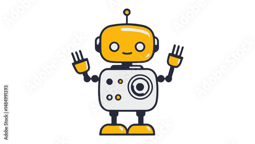 funny cartoon robot with hands up, smiling robot with yellow head hands and shoes and gray torso vector illustration