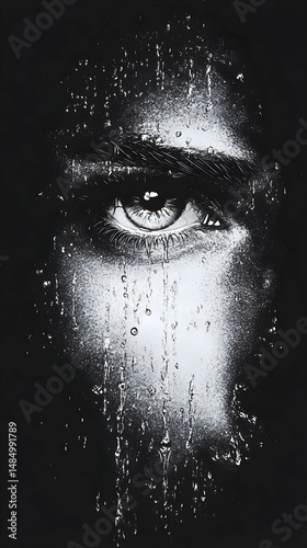 Close-up monochrome image of a human eye, seemingly wet with droplets cascading down the cheek, overlaid with indiscernible text.  The overall mood is somber and mysterious photo