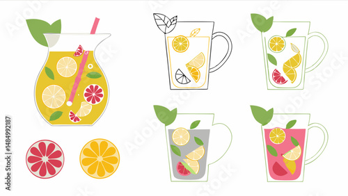 Illustration of a pitcher and glasses filled with citrus fruit infused water and loose citrus fruits nearby