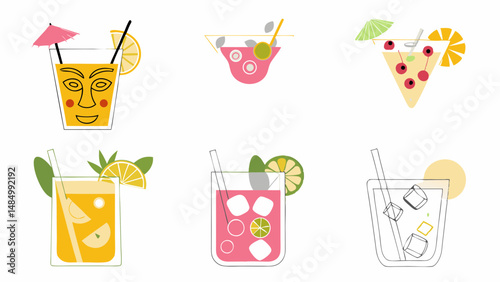 Illustration of six different cocktails with various fruits and decorations on a white background design
