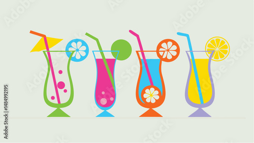 Illustration of four colorful cocktails with straws and fruit slices arranged side by side on a light background