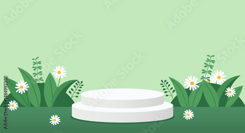 Mockup of round podium on green ecological background with leaves and flowers. Vector hand drawn template. Place for advertise products. Vector flat background.