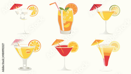 Illustration of various cocktails and drinks with citrus slices and umbrellas in different styles of glasses