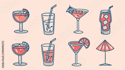 Illustration of eight different cocktails with various garnishes and straws on a light background