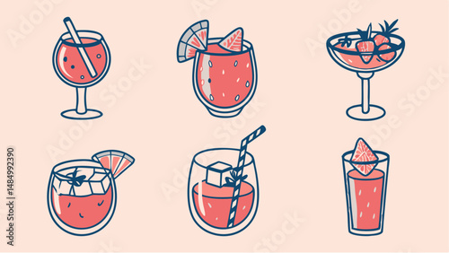 Illustration of six different cocktails with straws and fruit garnishes in glasses on a light background