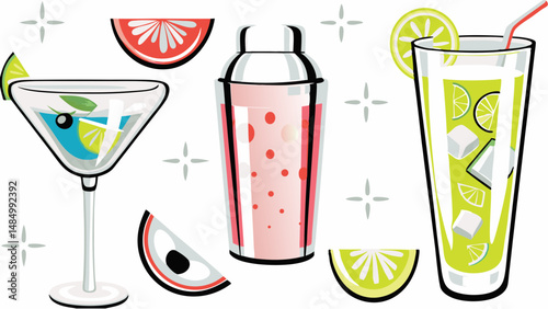Illustration of cocktail shaker and two glasses with drinks and fruit slices on white background