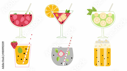 Illustration of six vibrant cocktails with various fruits and straws on a white background scene design