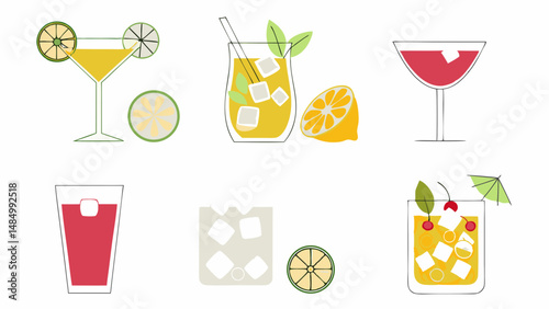 Illustration of six different cocktails with various garnishes and ice cubes on a white background art style
