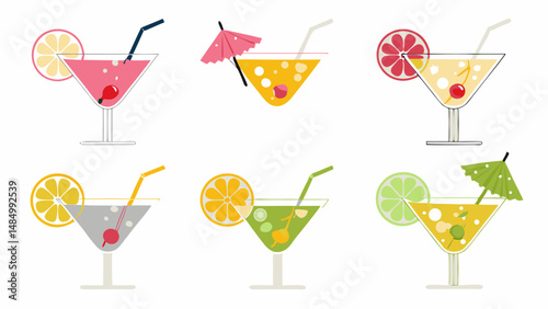 Illustration of six colorful cocktails with fruit slices, straws, and umbrellas on a white background design