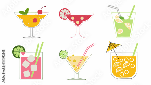 Illustration of six different cocktails with various garnishes and straws on a white background design